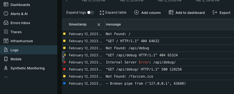 new relic dashboard logs